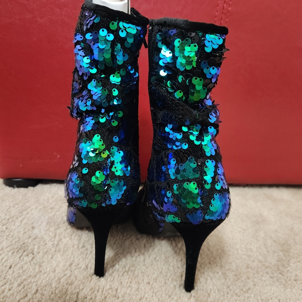 Qupid Iridescent Sequin Peep-Toe Heeled Booties - Blue Green - Picture 3 of 5